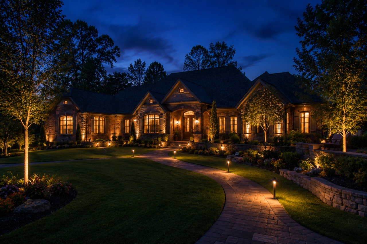 Denver, NC home and landscaping lit at night with low-voltage facade and path lighting (design concept)