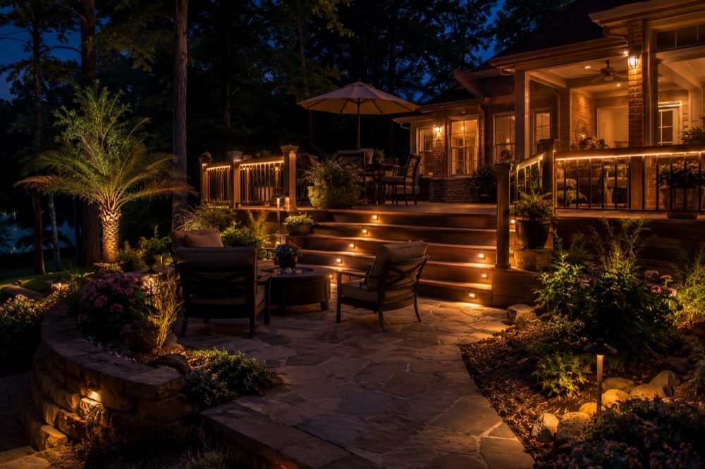 West-shore Lake Norman dock and waterfront lit at night with warm low-voltage lighting (design concept)