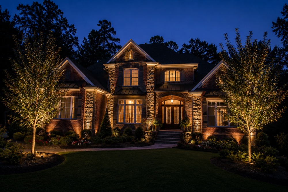 Golf-community home facade with architectural uplighting on columns and trees at night (design concept)