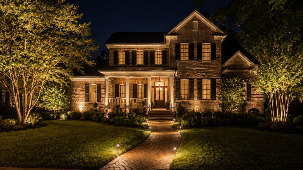 Statesville, NC home facade and landscaping lit at night with warm low-voltage outdoor lighting (design concept)