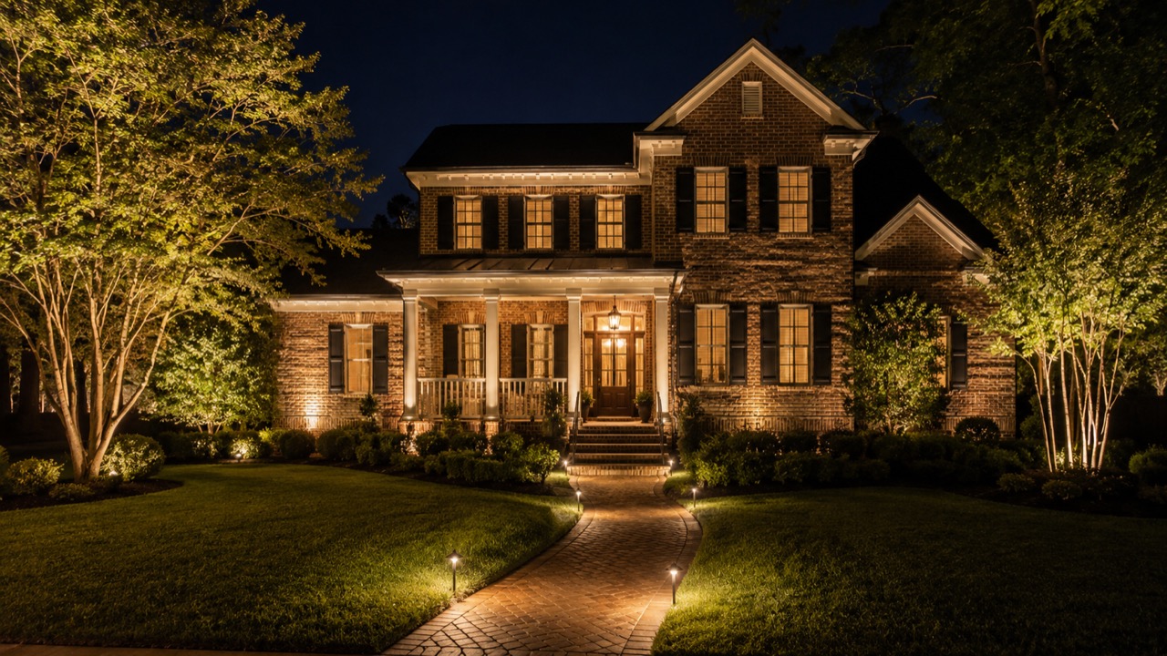 Troutman, NC home and landscaping lit at night with low-voltage facade and path lighting (design concept)